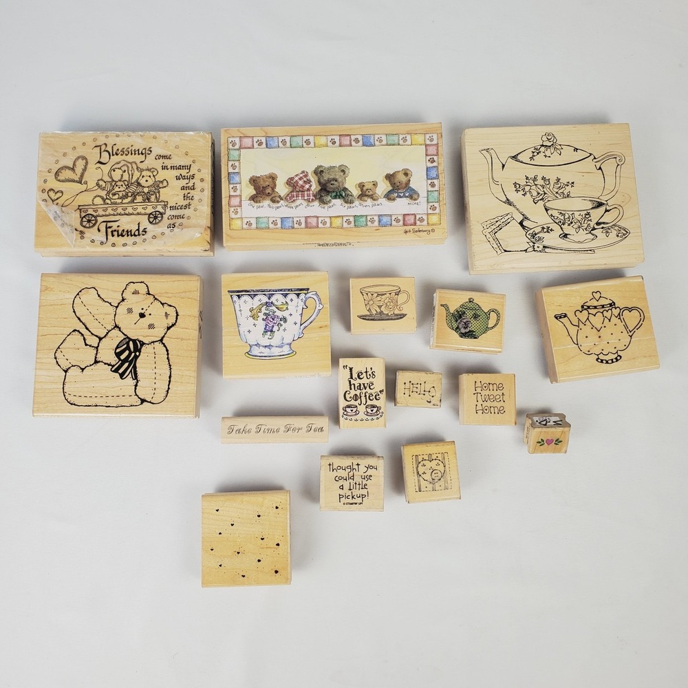 VTG Mixed Lot of 16 Teapot Teacup Coffee Tea & Teddy Bears Rubber Wood Stamps